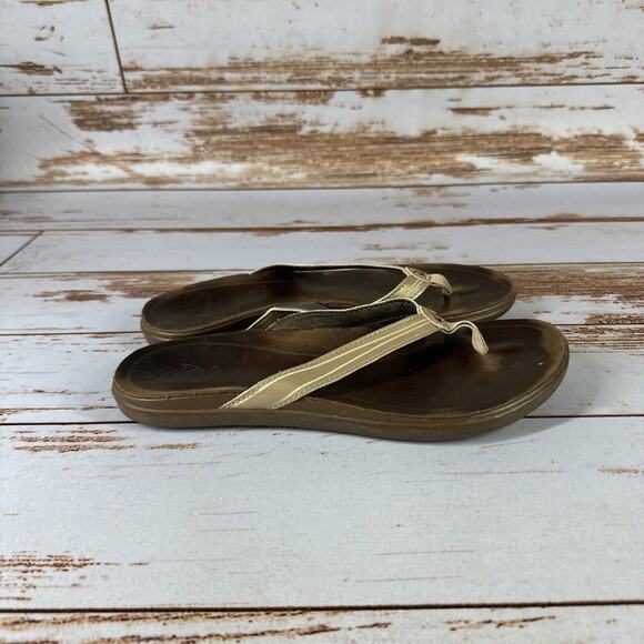 OluKai Aukai Women’s Leather Flip Flop Sandals Beige Sz 8 - Picture 7 of 10